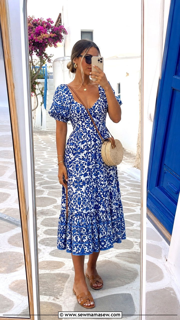 Blue And White Printed Midi Dress With Woven Sandals - 40 Summer Greece outfit ideas