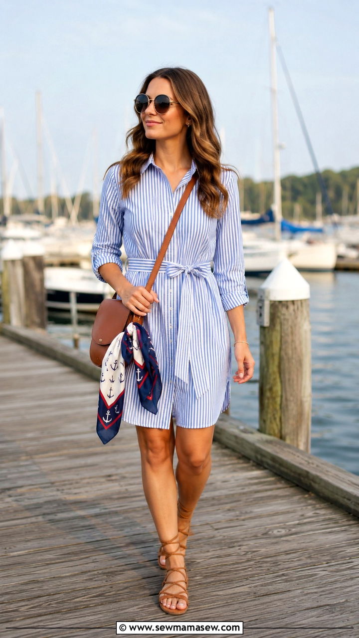 Blue And White Striped Shirt Dress With Tan Gladiator Sandals - 30 July 4th weekend outfit ideas