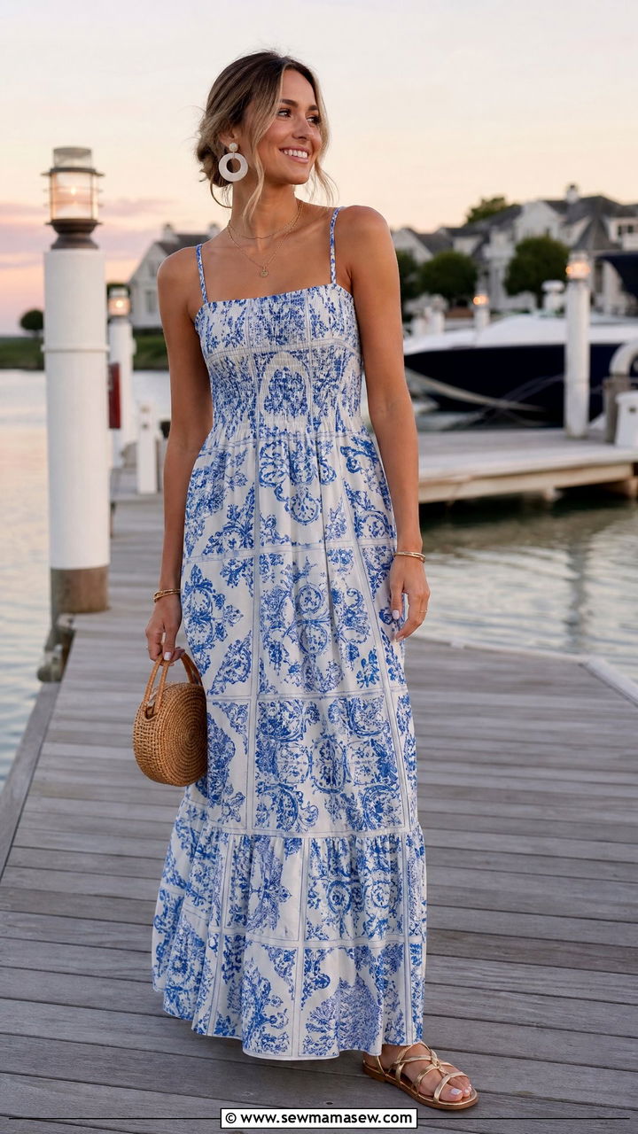 Blue And White Tile Print Maxi Dress - 25 Hamptons outfit ideas 2026