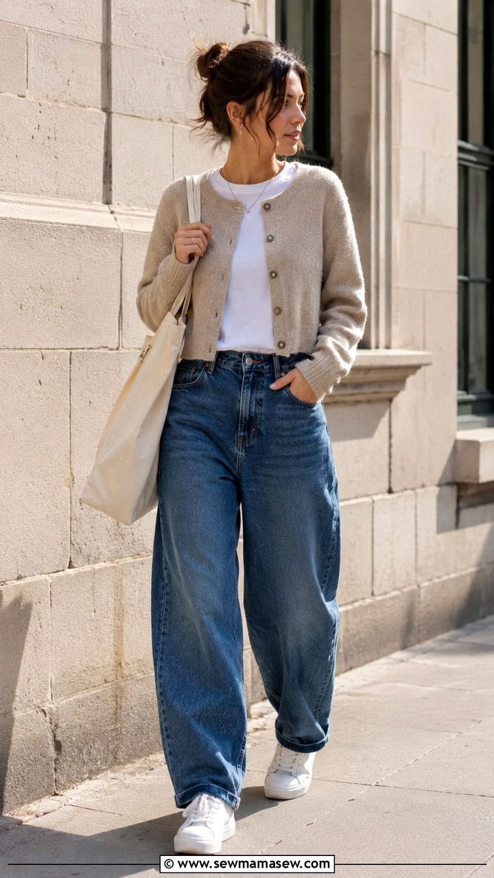 Blue Barrel Jeans With Cropped Cardigan And White Sneakers - 25 Barrel jeans outfit ideas with a cardigan