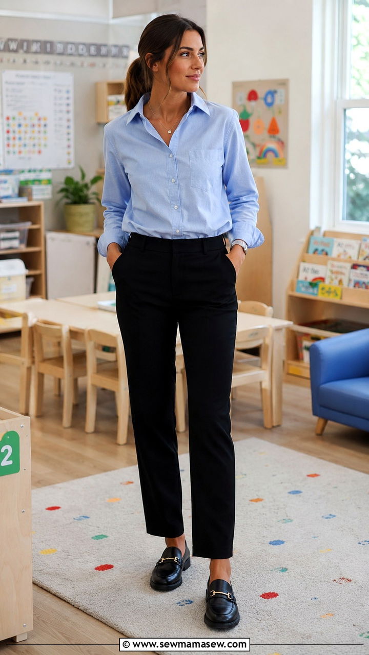 Blue Button Down Shirt With Black Pants - 30 Kindergarten teacher outfit ideas