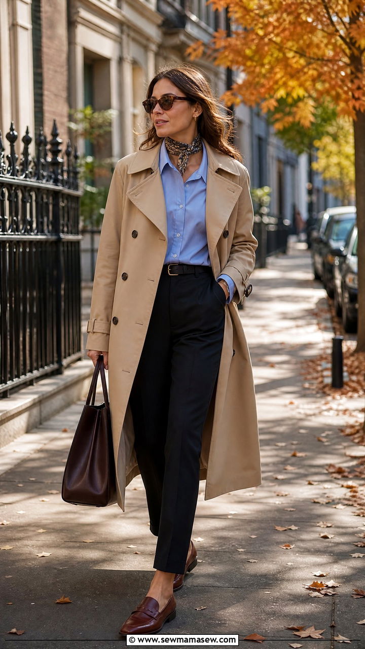 Blue Button Down Shirt With Trench Coat And Trousers - 25 Business casual outfits with button down