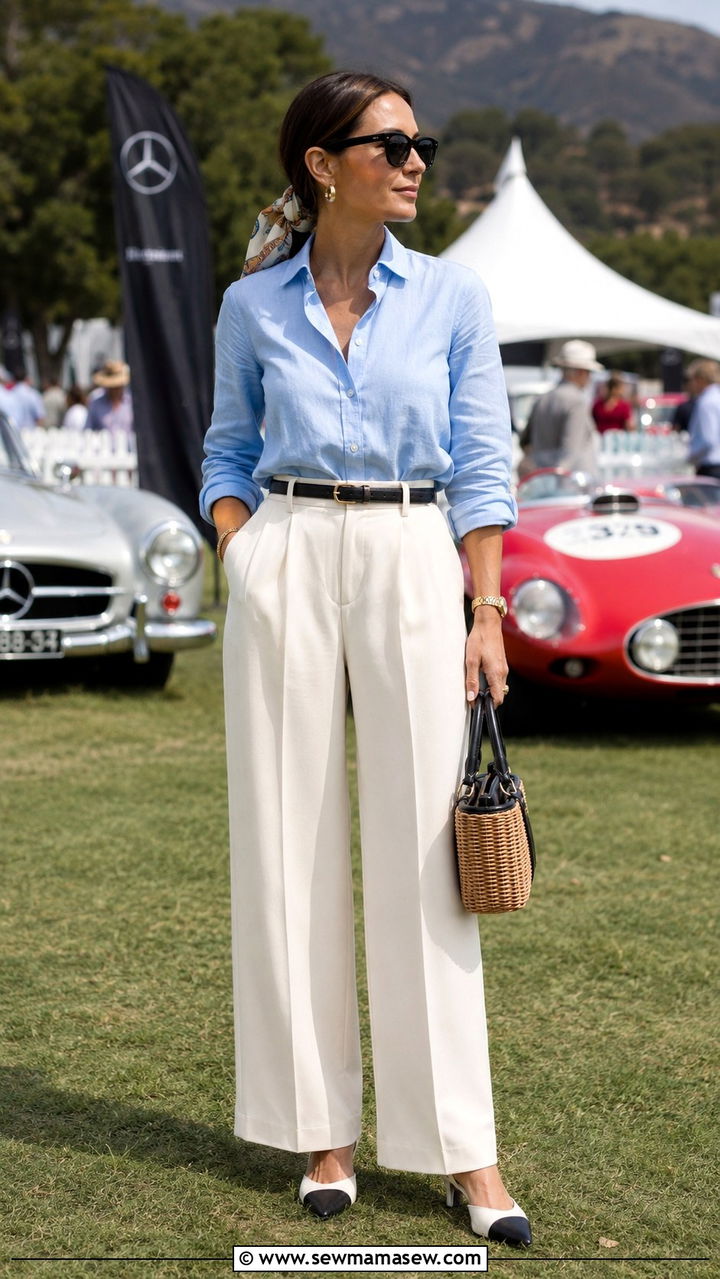 Blue Button Down With High Waisted Trousers and Kitten Heels - 25 Old money outfit ideas with kitten heels