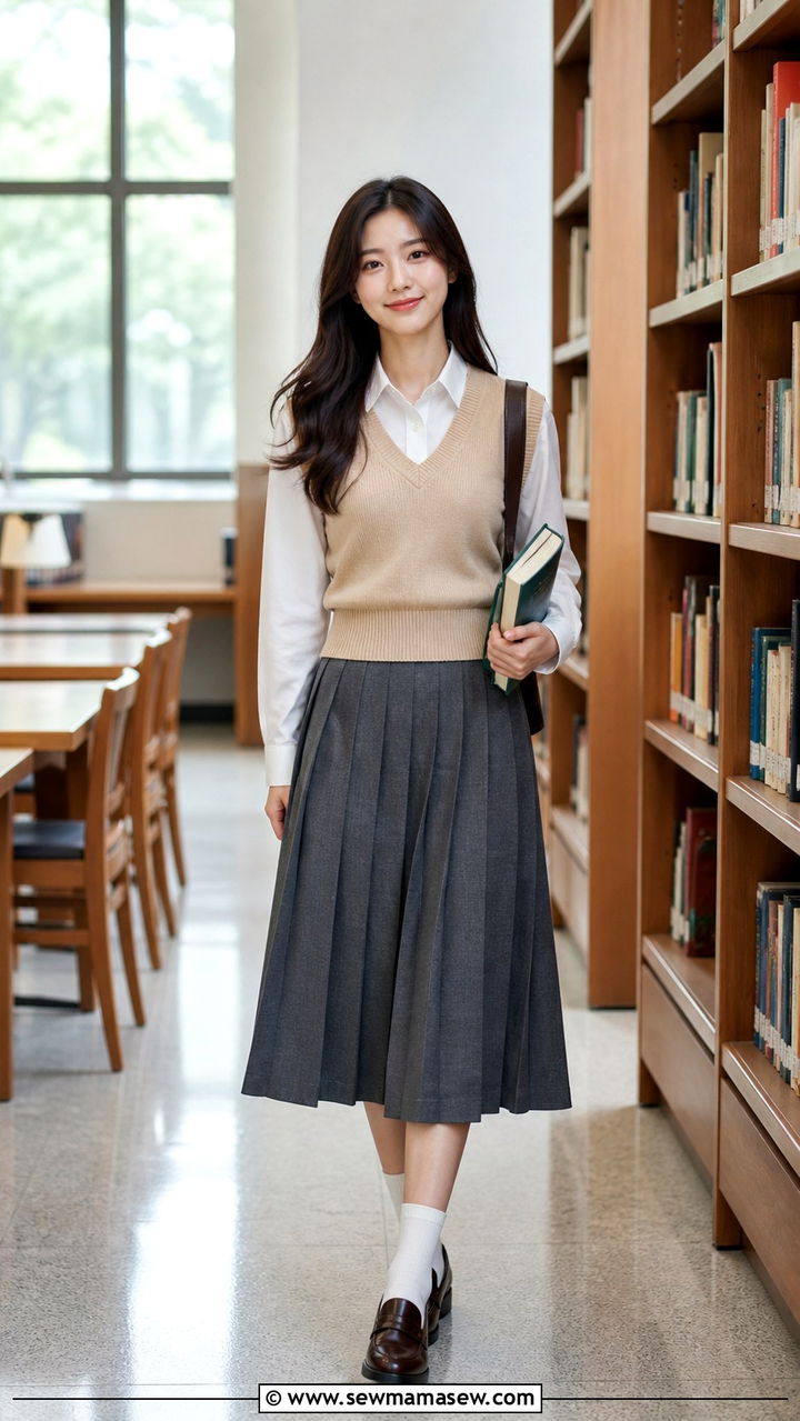 Blue Cardigan With Black Pleated Skirt and Oxfords - 40 Korean outfit ideas