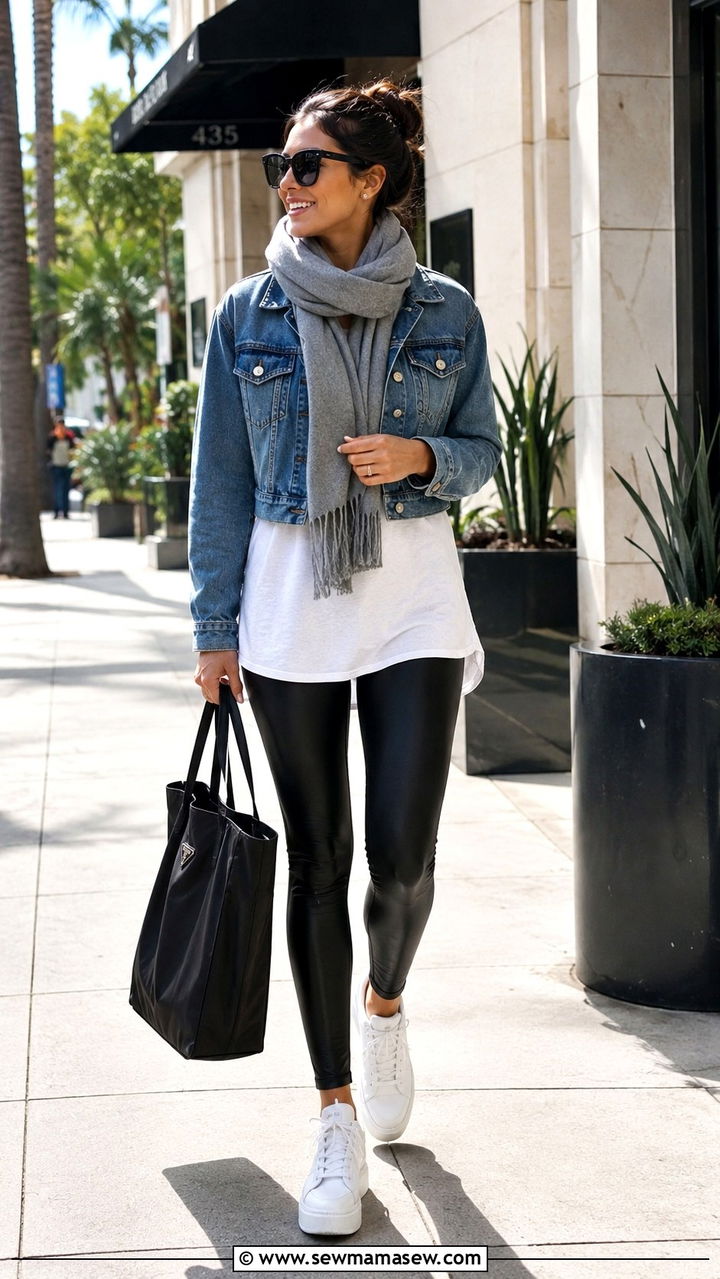 Blue Denim Jacket With Black Leggings Outfit - 30 Denim blue outfit ideas
