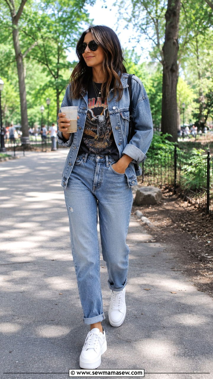 Blue Denim Jacket With Boyfriend Jeans And Graphic Tee - 30 Denim jacket and jeans outfit ideas