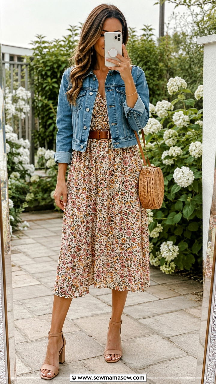 Blue Denim Jacket With Floral Midi Dress Outfit - 30 Denim blue outfit ideas