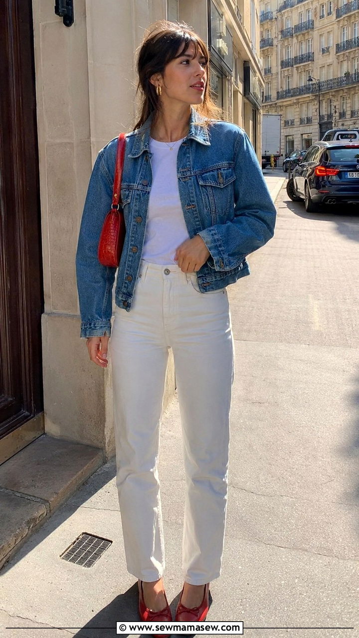 Blue Denim Jacket With White Jeans and Red Accessories - 30 Jeanne Damas outfit ideas