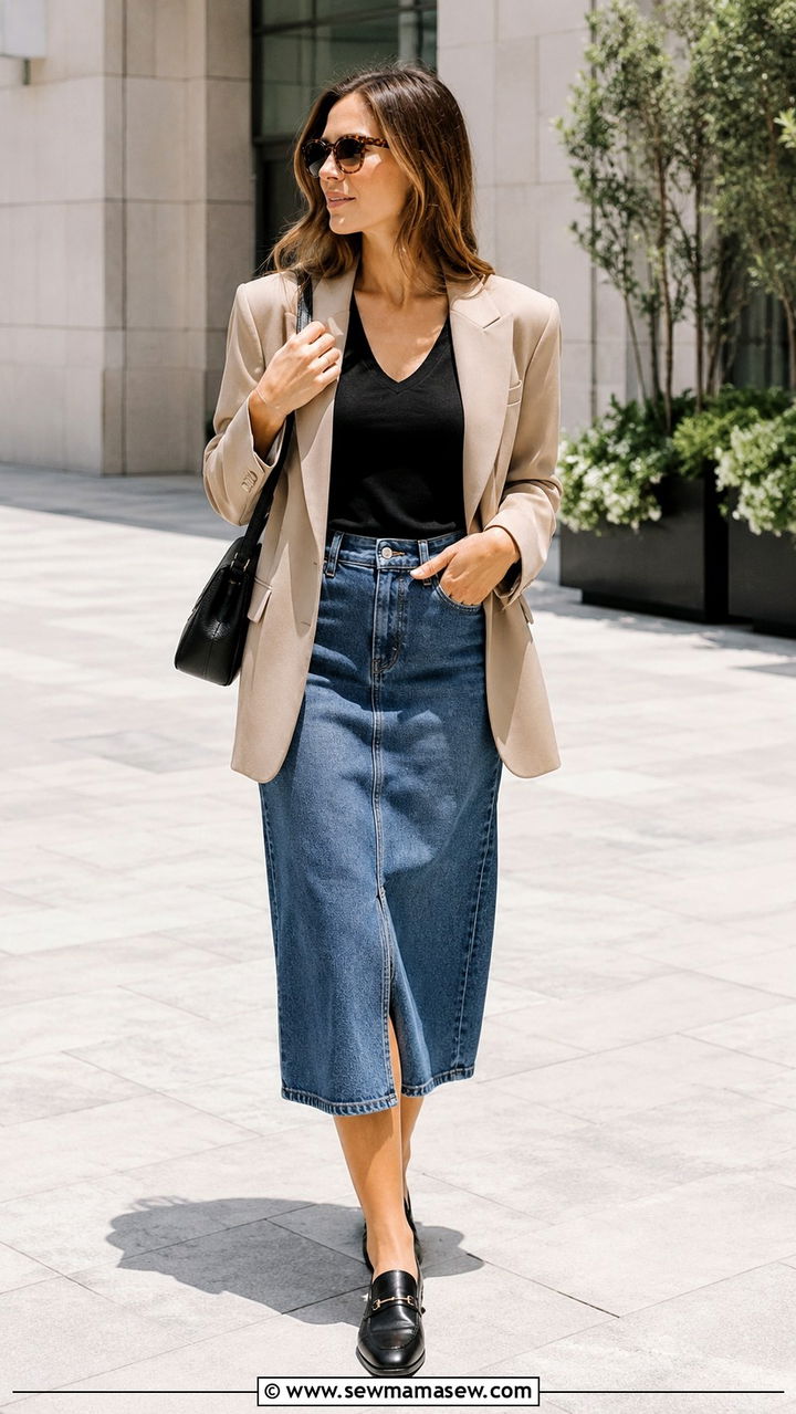 Blue Denim Midi Skirt with V Neck Tee and Oversized Blazer - 30 Denim skirt outfit ideas with a tee