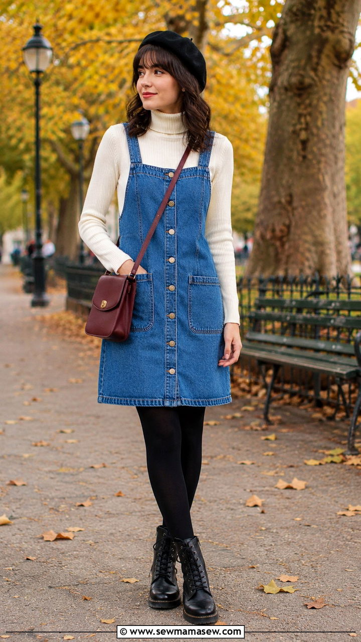 Blue Denim Pinafore Dress With Turtleneck Outfit - 30 Denim blue outfit ideas