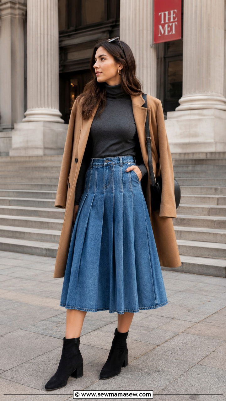 Blue Denim Pleated Skirt With Turtleneck Outfit - 30 Denim blue outfit ideas