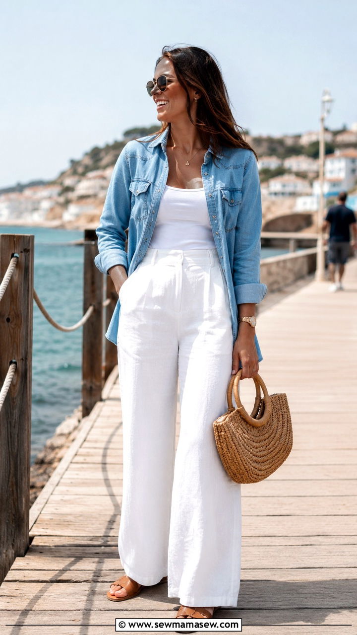 Blue Denim Shirt With White Linen Trousers Outfit - 30 Denim blue outfit ideas