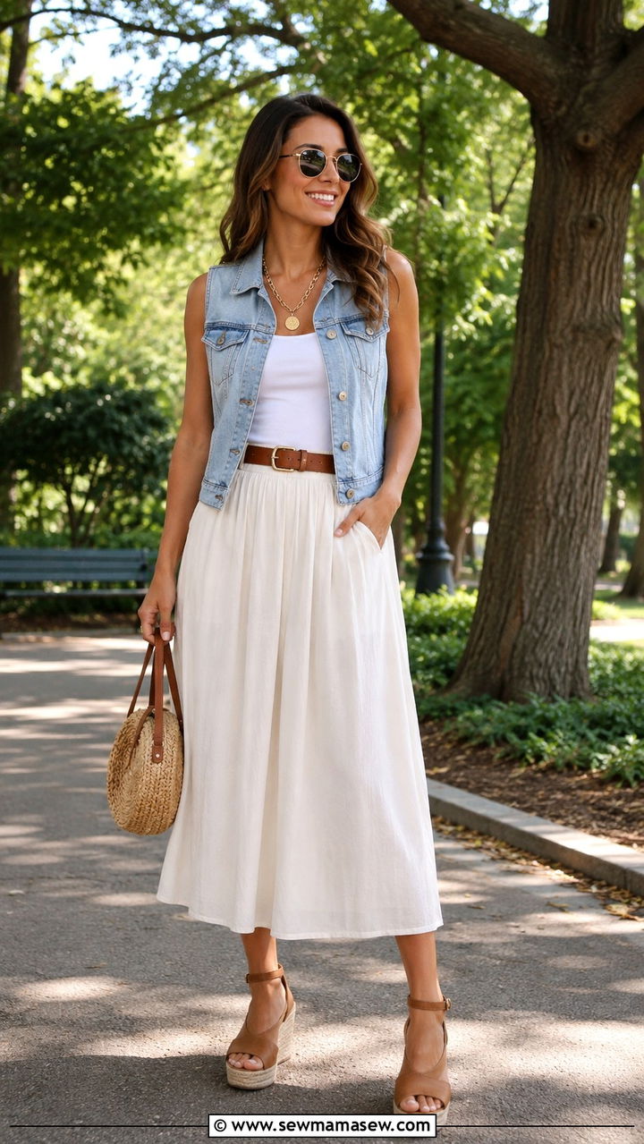 Blue Denim Vest With Cotton Midi Skirt Outfit - 30 Denim blue outfit ideas