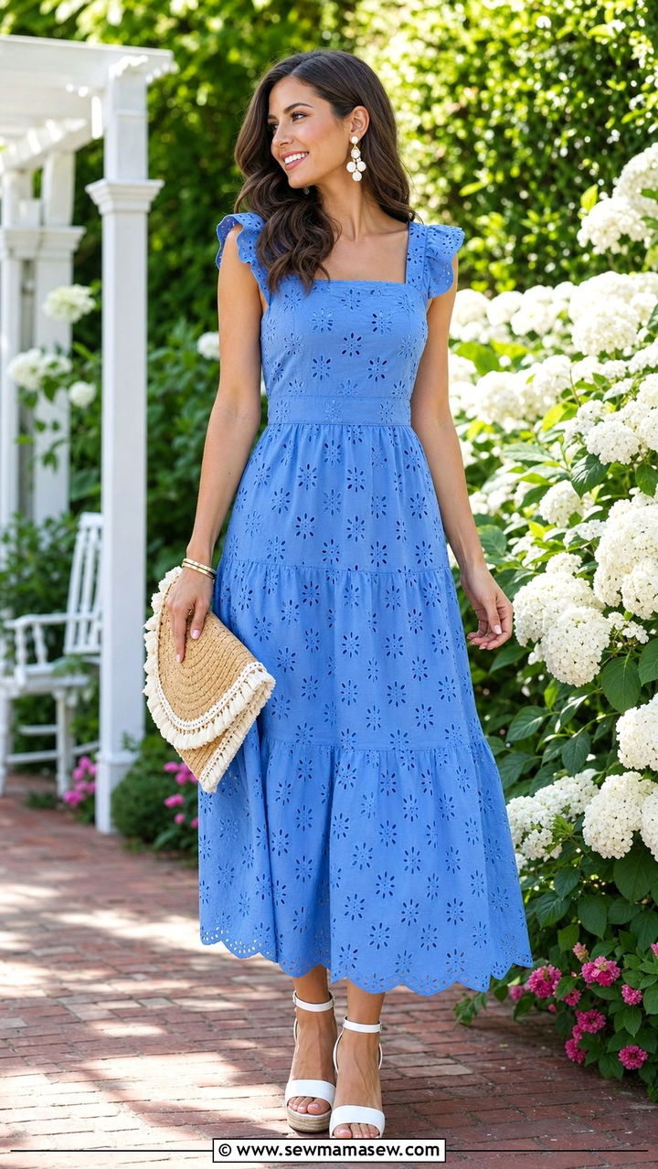 Blue Eyelet Dress With Espadrille Wedges - 35 Blue dress outfit ideas summer 2026