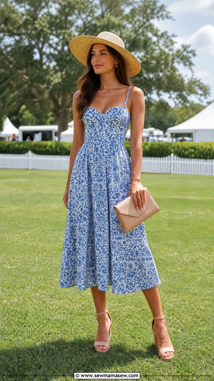 Blue Floral Midi Dress For Polo Match - 25 Hamptons outfit ideas 2026