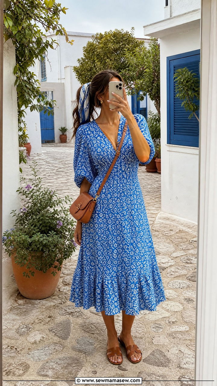 Blue Floral Midi Dress With Leather Crossbody Bag - 30 Greek vacation outfit ideas 2026