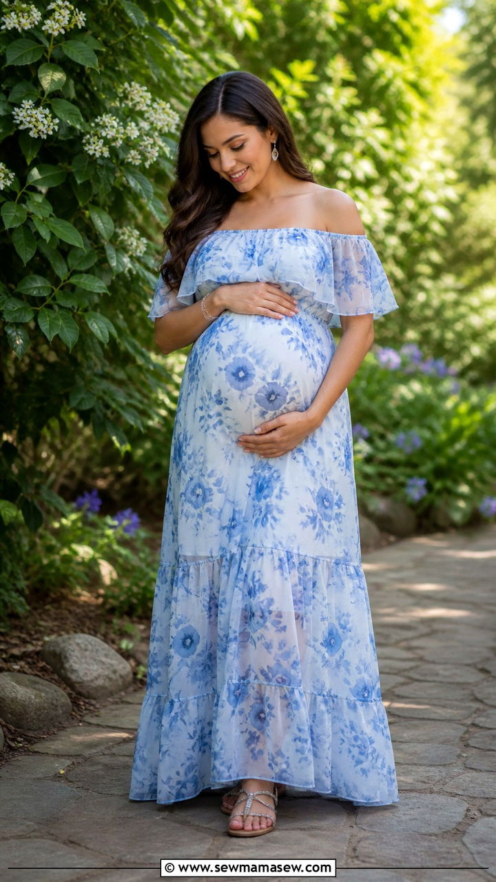 Blue Floral Off Shoulder Maternity Maxi Dress - 40 Spring baby shower outfits