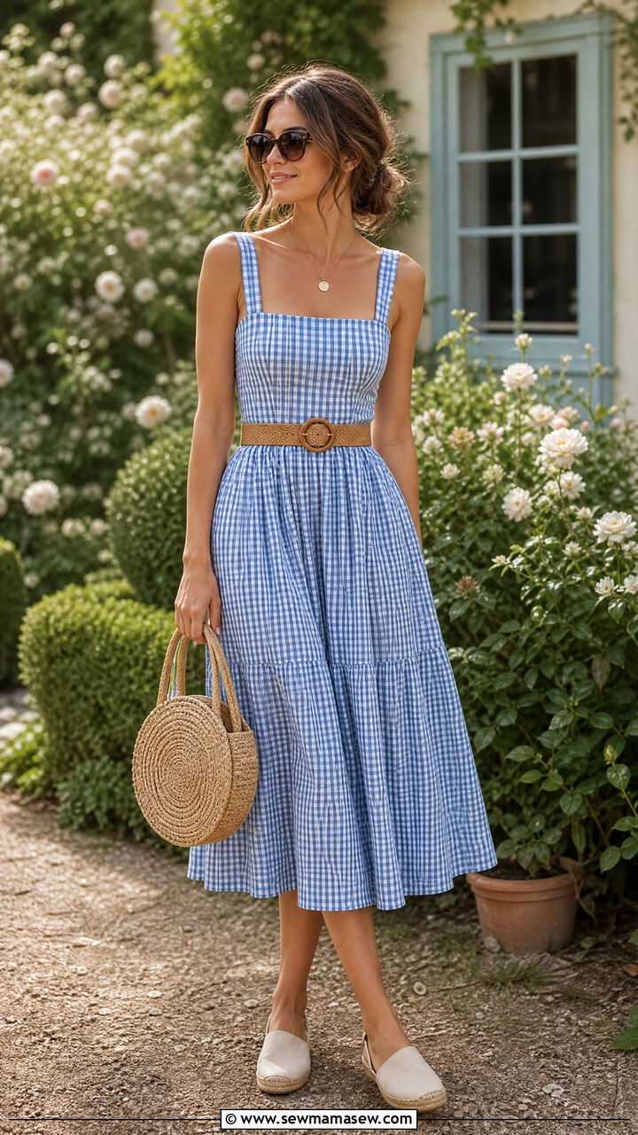 Blue Gingham Cotton Midi Dress With Woven Accessories - 30 Summer cotton outfits