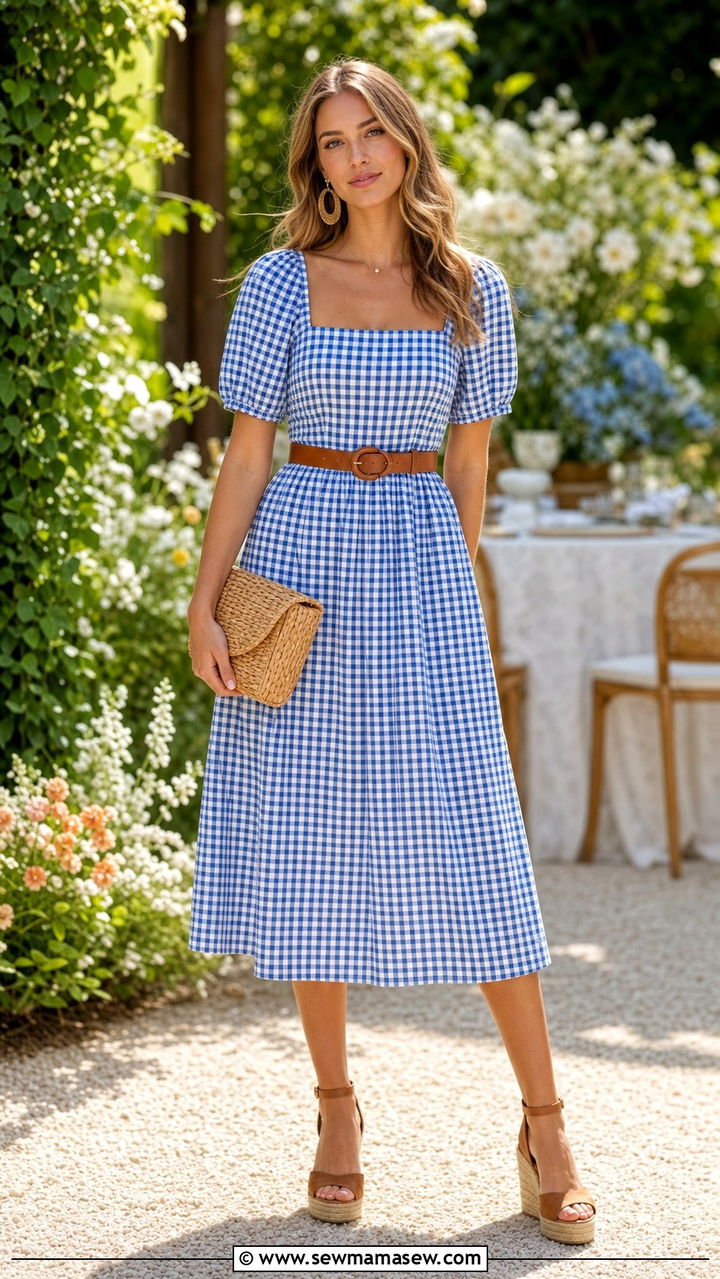 Blue Gingham Midi Dress With Espadrille Wedges - 25 Elevated summer outfit ideas 2026