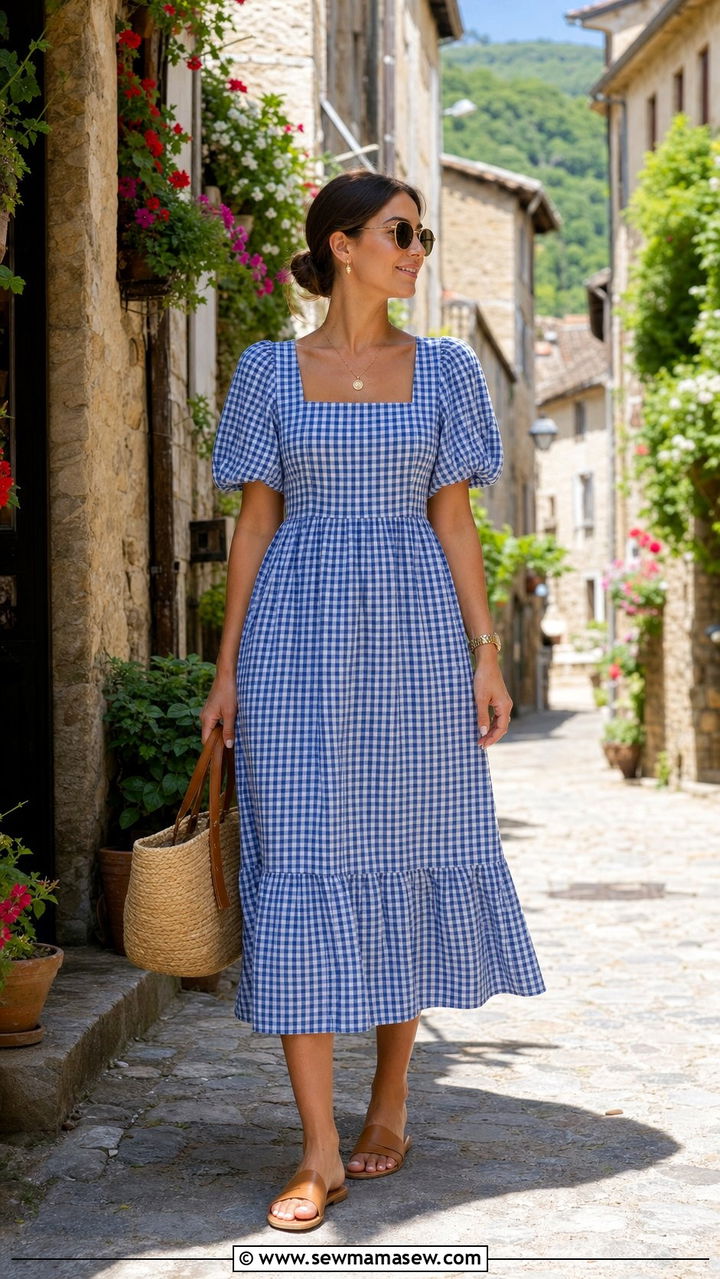 Blue Gingham Midi Dress with Straw Tote Bag - 25 Europe travel outfits aesthetic