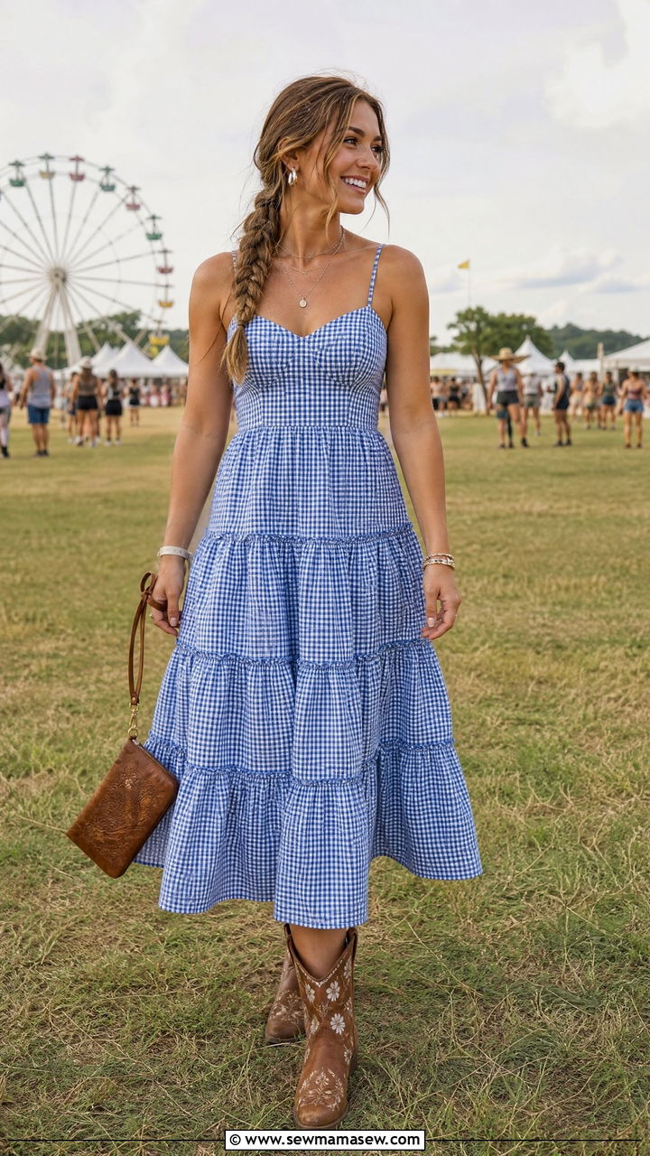 Blue Gingham Sundress With Brown Embroidered Boots - 30 Gingham dress outfit ideas