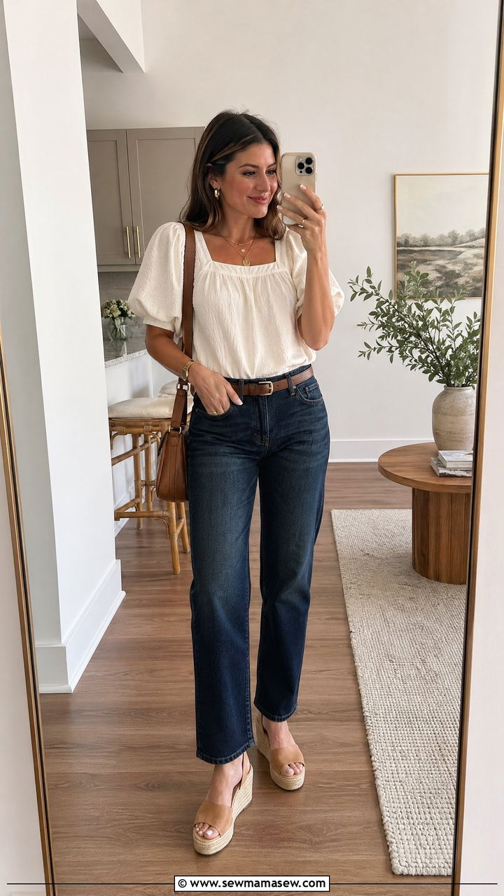 Blue Jeans Blouse And Wedge Espadrilles - 35 Espadrilles outfit ideas