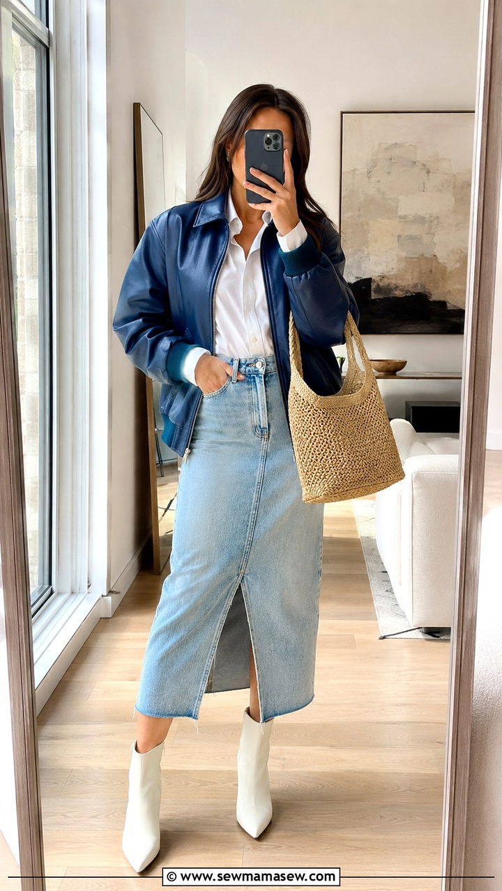 Blue Leather Bomber Jacket With Denim Skirt - 30 spring bomber jacket outfit ideas