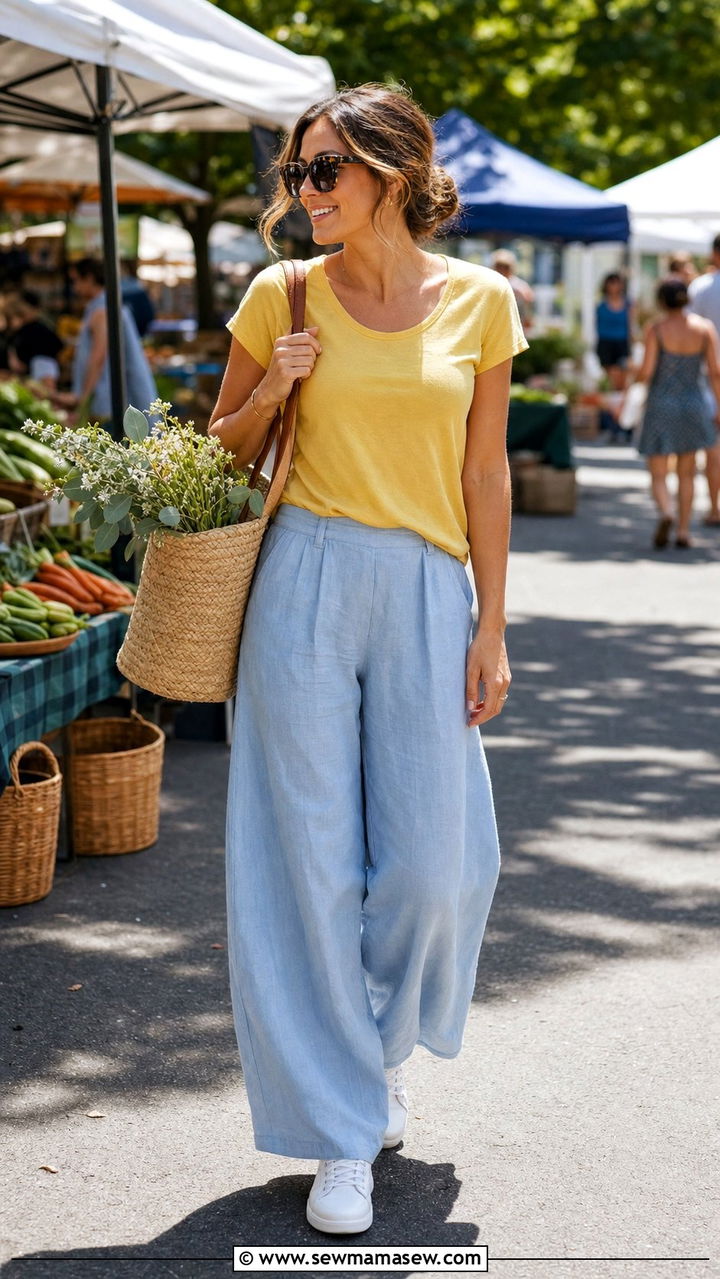 Blue Linen Pants with Yellow Tee - 25 summer linen pants outfit ideas