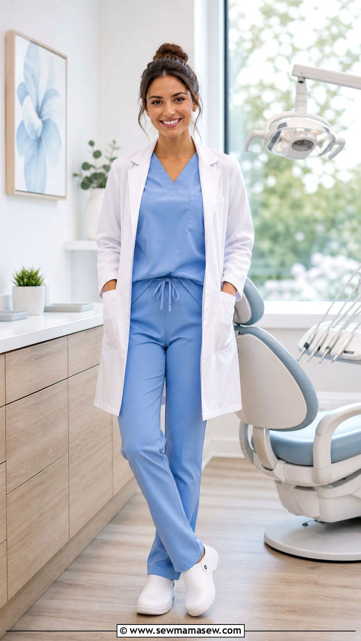 Blue Matching Scrub Set With White Lab Coat - 40 Dentist outfit ideas
