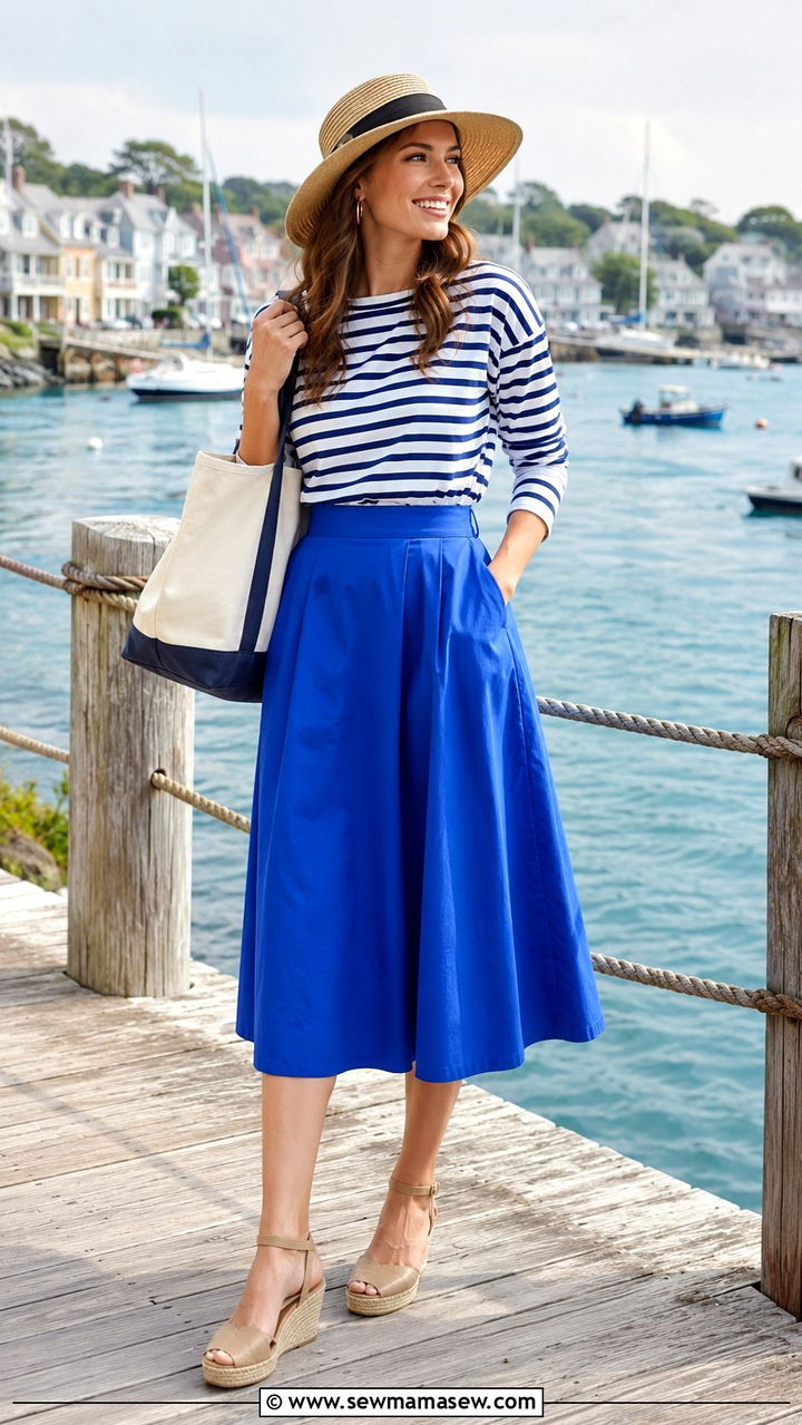 Blue Midi Skirt with Striped Top and Espadrilles - 30 How to style a midi skirt in summer