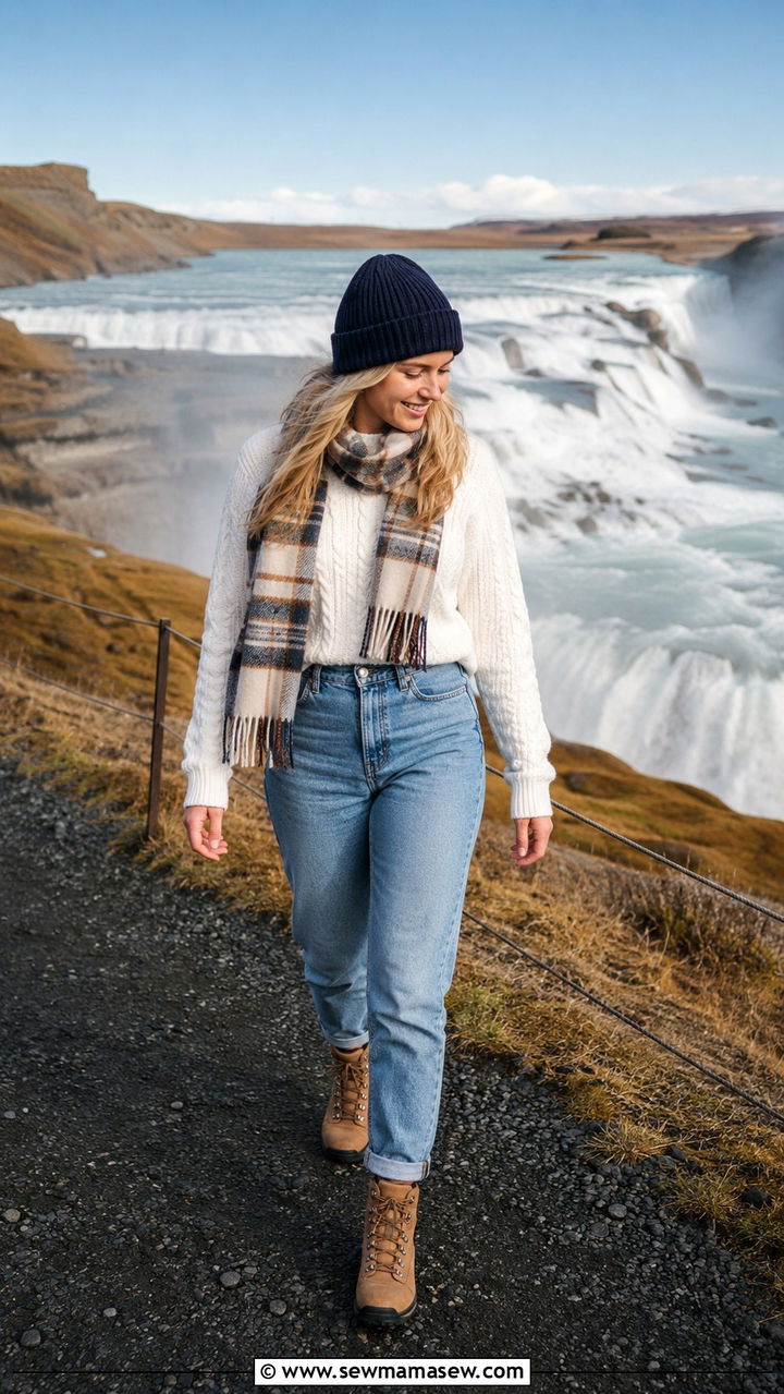 Blue Mom Jeans with White Pullover and Plaid Scarf - 30 Iceland outfit ideas