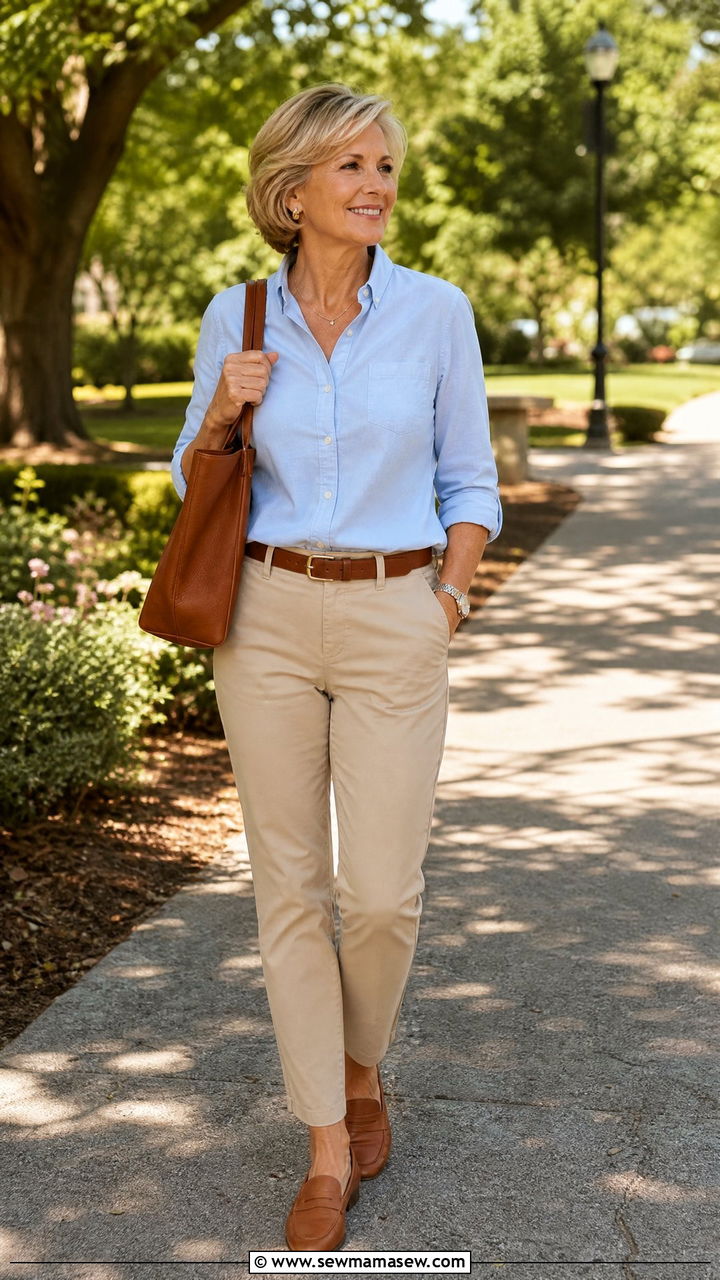 Blue Oxford Shirt With Khaki Chinos Women Over 40 - 35 Minimalist outfits for women over 40