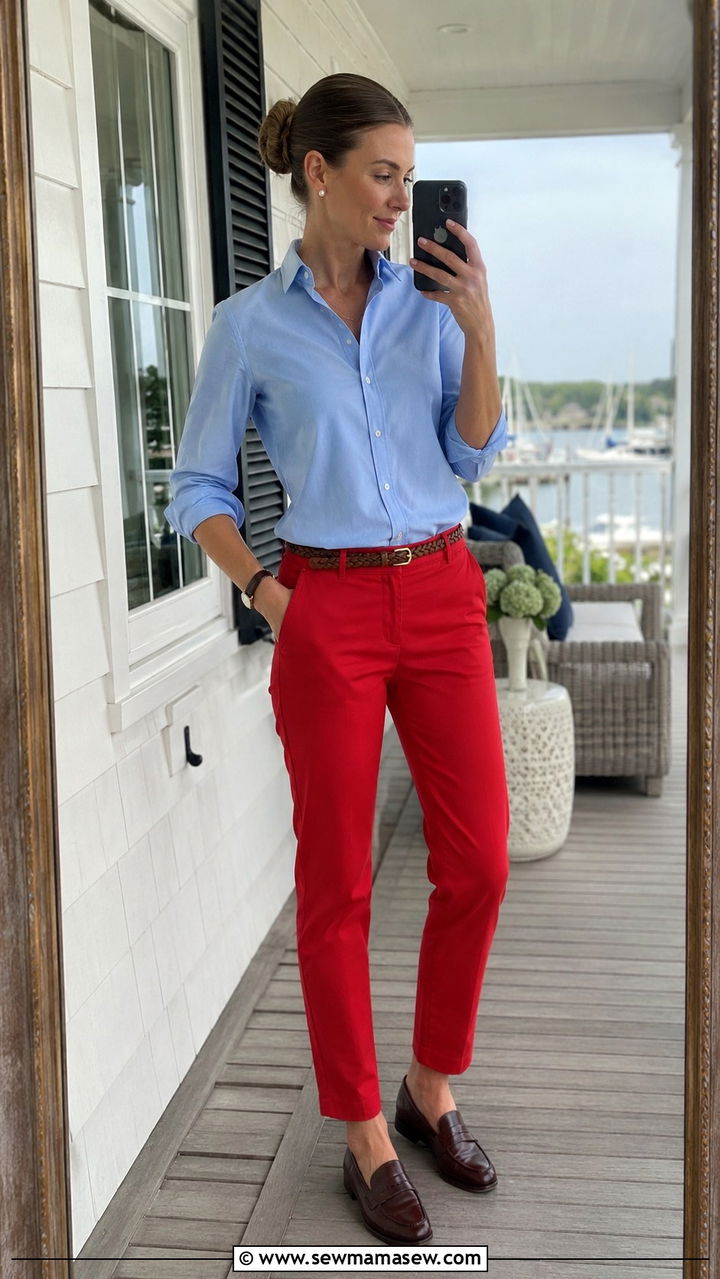 Blue Oxford Shirt With Nantucket Reds And Penny Loafers - 30 Old money outfit ideas for Nantucket