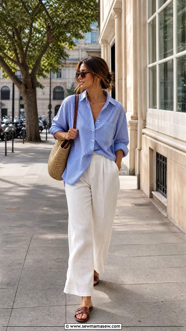 Blue Pinstripe Shirt with Flowy White Trousers - 30 summer lightweight outfit ideas