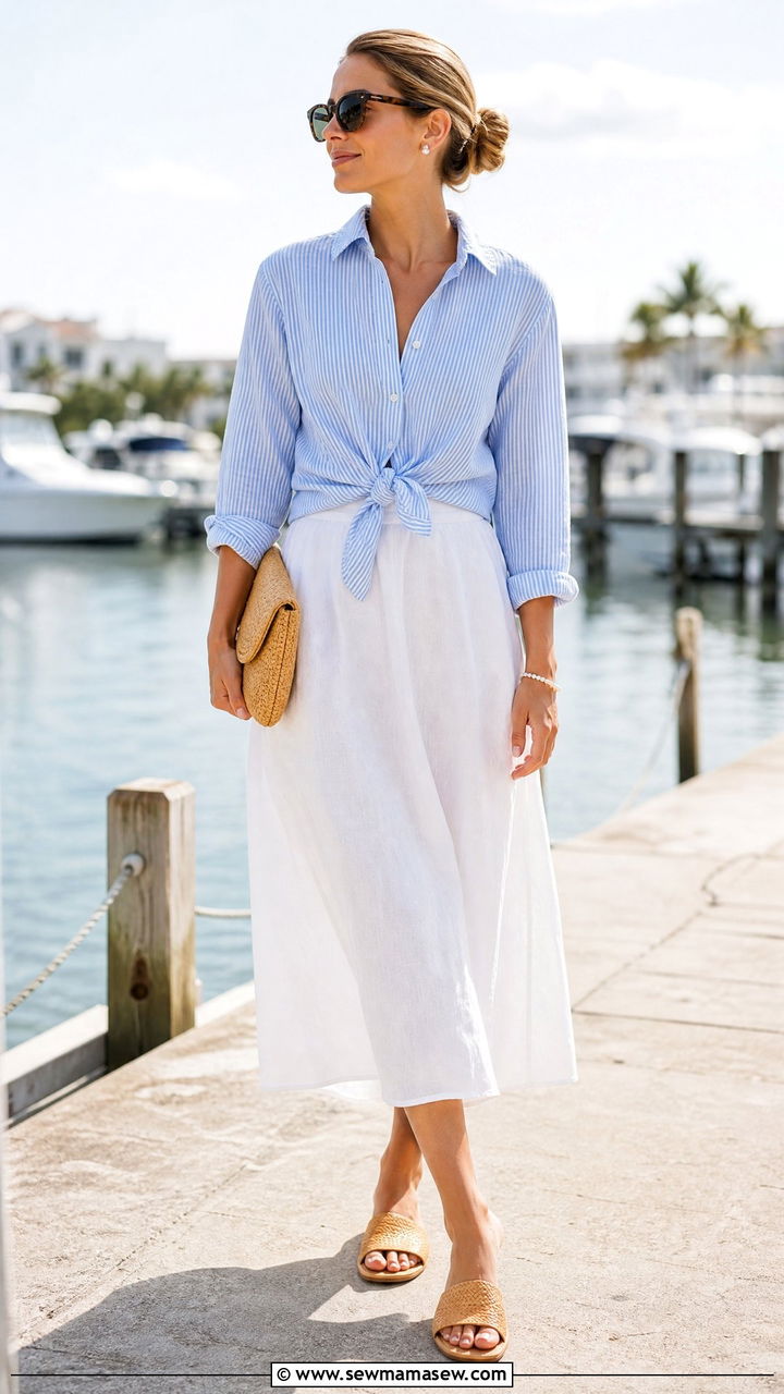 Blue Seersucker Shirt and White Linen Skirt - 25 classy coastal grandmother outfit ideas