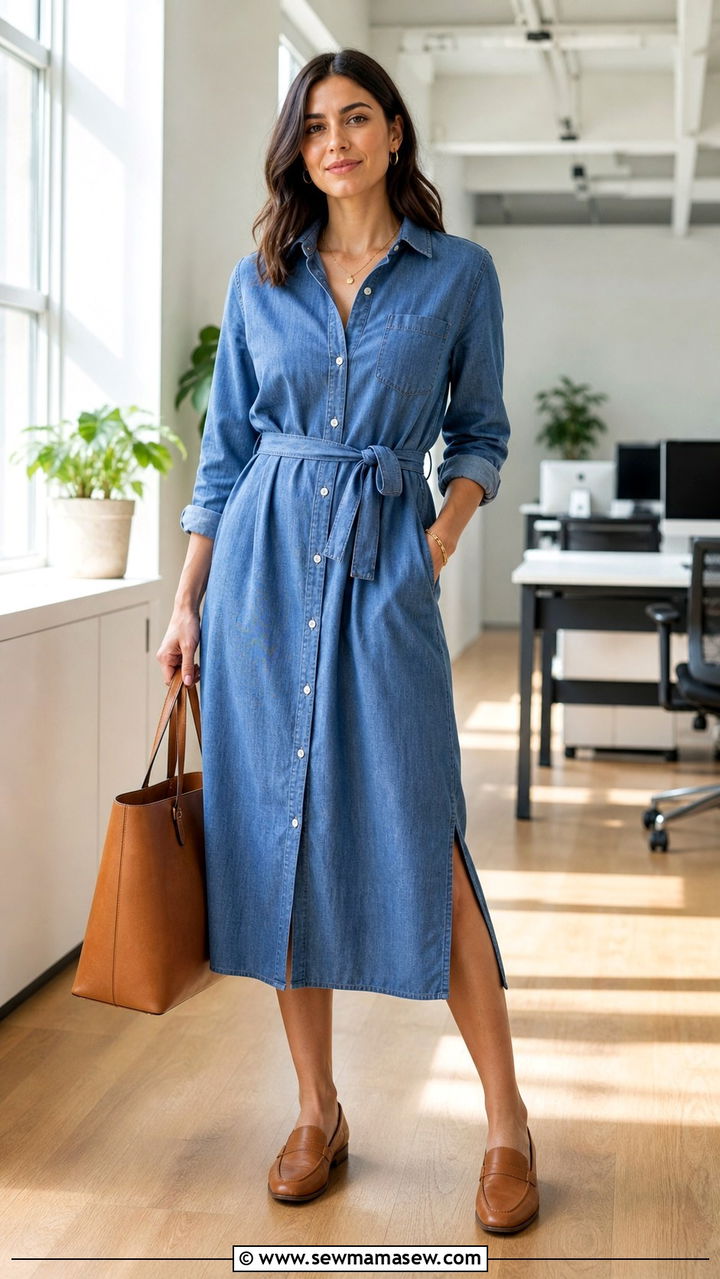 Blue Shirt Dress with Loafers Office Outfit - 40 office outfits for women
