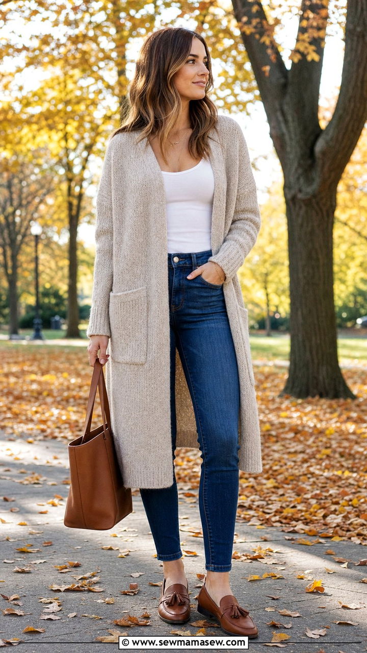 Blue Skinny Jeans with Long Cardigan and Loafers - 25 Skinny jeans outfit ideas with loafers