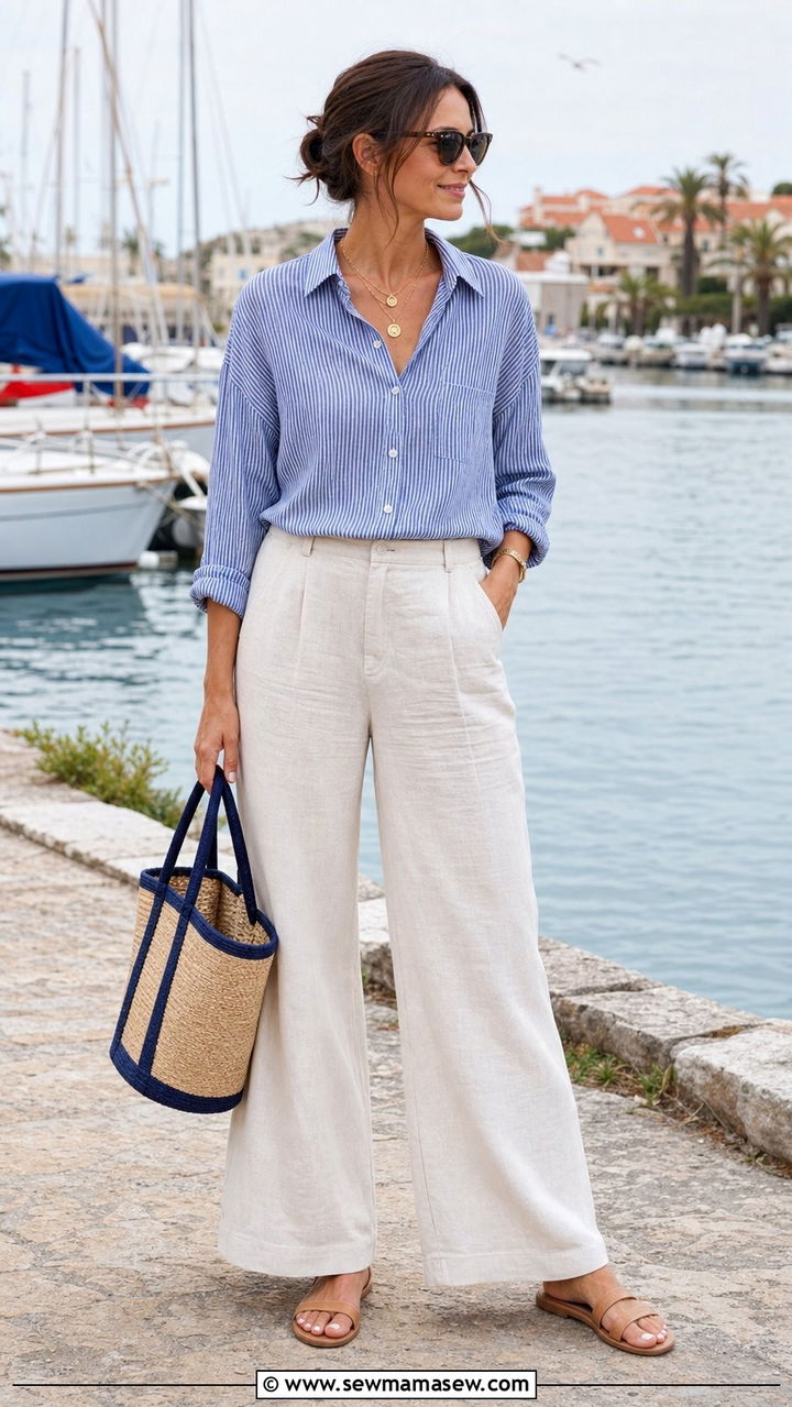 Blue Striped Button Down and Cream Linen Trousers - 25 Summer coastal grandmother outfits 2026