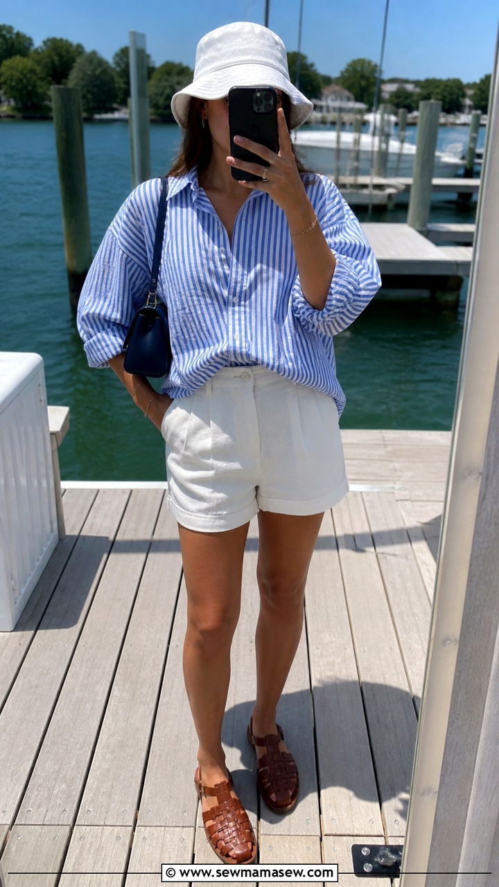 Blue Striped Button Down and White Shorts - 20 coastal grandmother outfits to copy