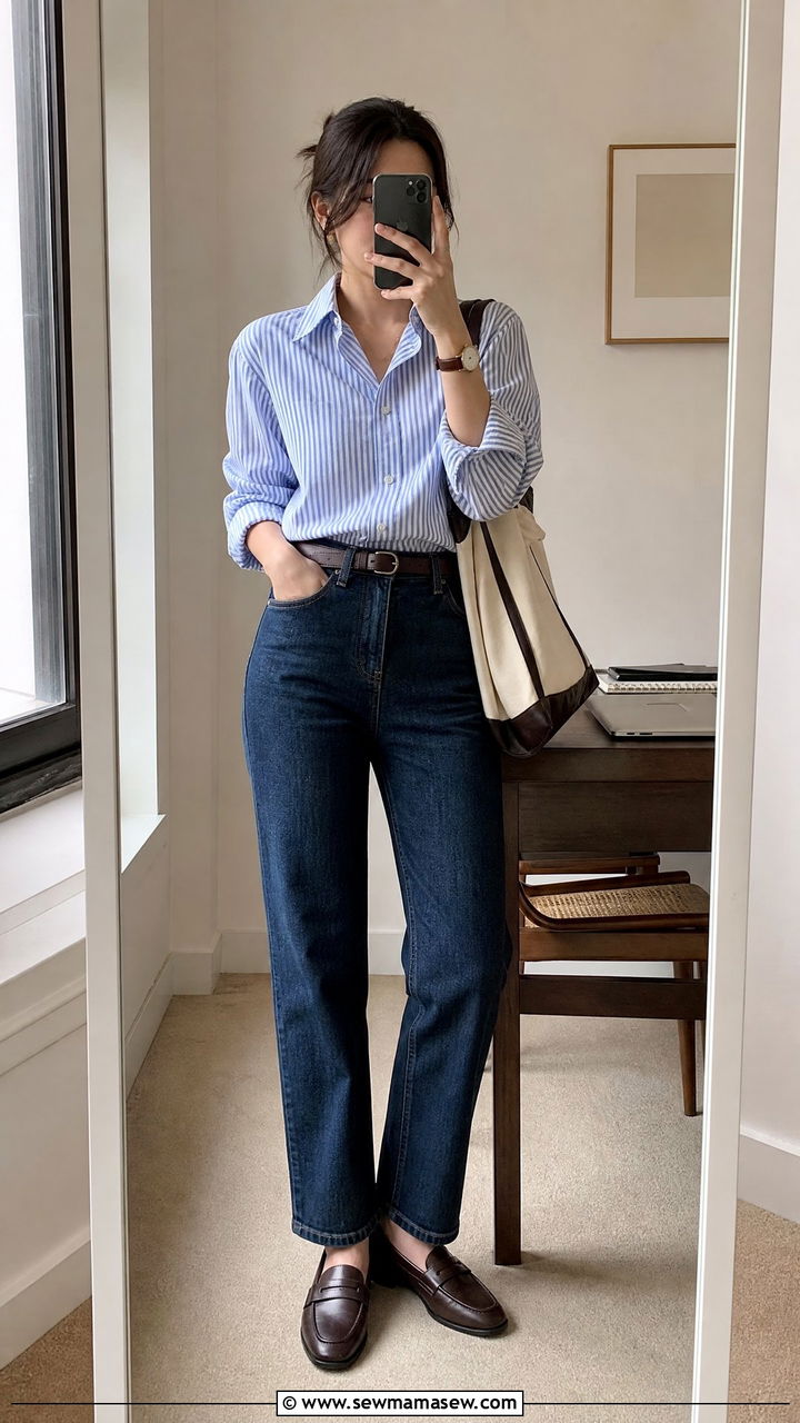 Blue Striped Button Down with Dark Wash Jeans and Loafers - 30 Clean girl outfits for petite women