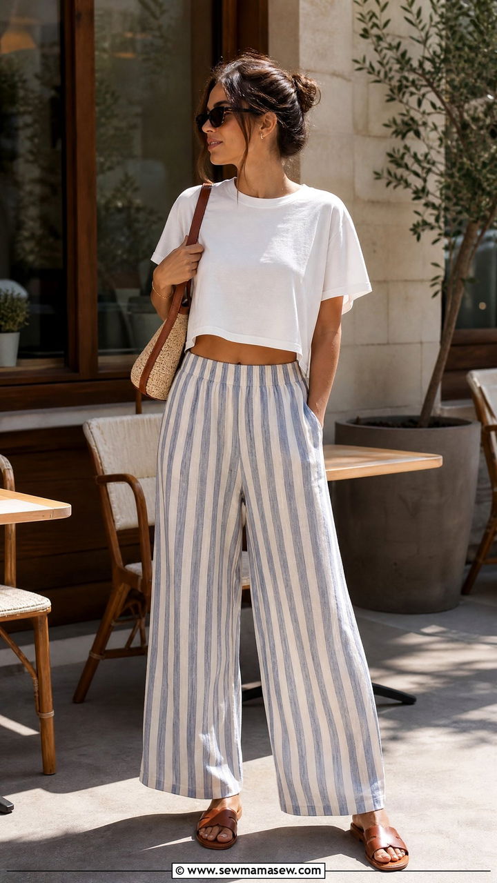 Blue Striped Linen Pants With Cropped White Tee And Leather Sandals - 35 linen pants outfits
