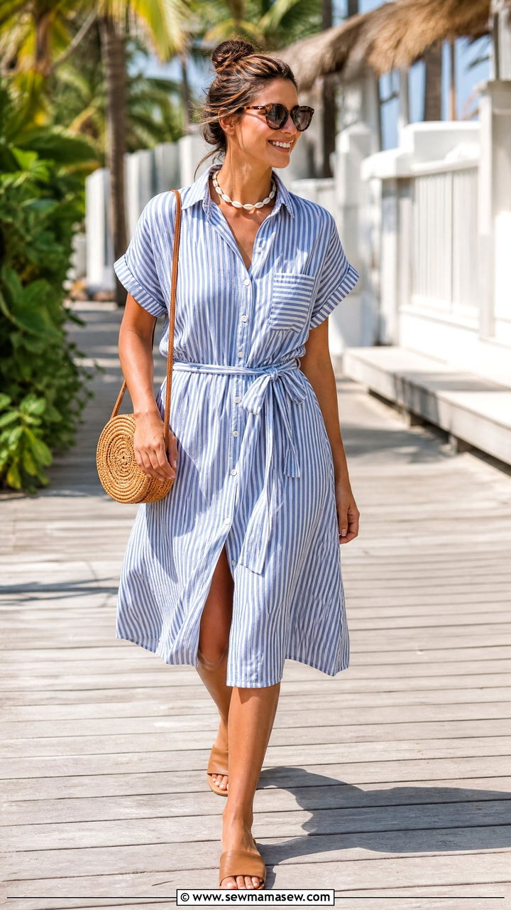 Blue Striped Sundress With A Rattan Circle Bag - 40 What to wear in Turks and Caicos