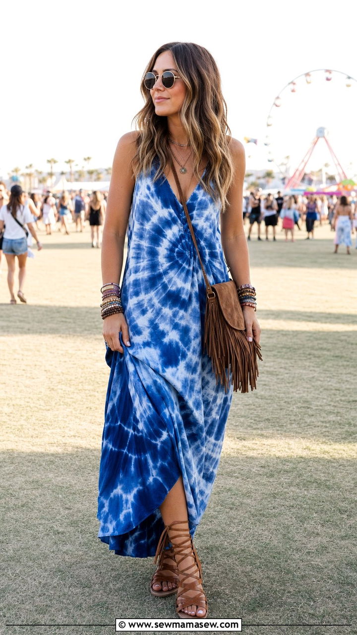 Blue Tie Dye Maxi Dress With Gladiator Sandals - 35 Blue dress outfit ideas summer 2026