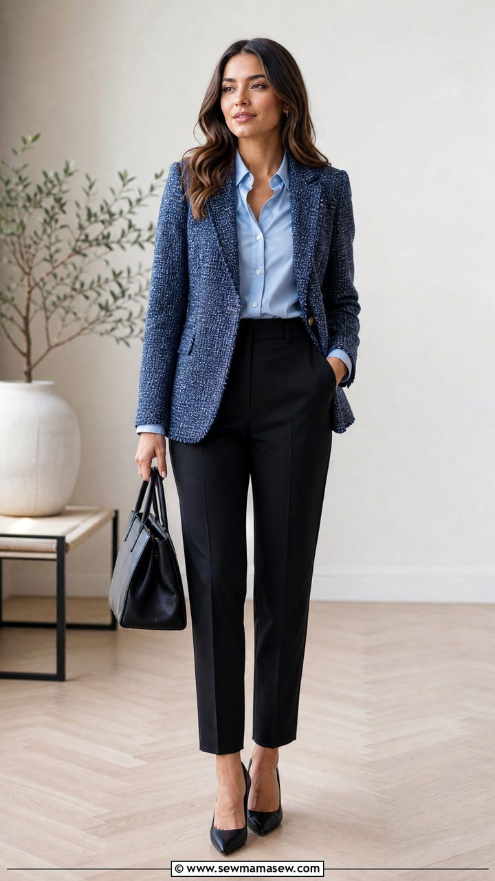 Blue Tweed Blazer With Black Trousers - 25 Investment banker outfit ideas
