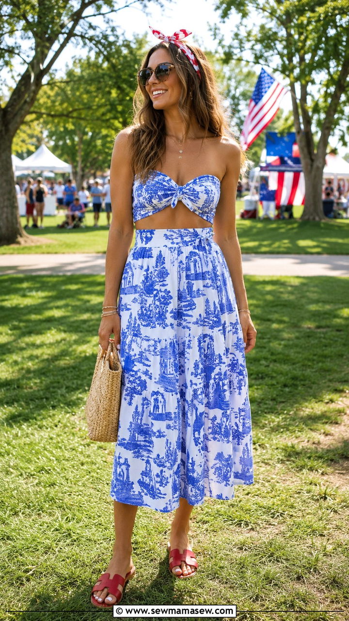 Blue and White Co Ord Set With Red Sandals - 25 4th of July outfit ideas