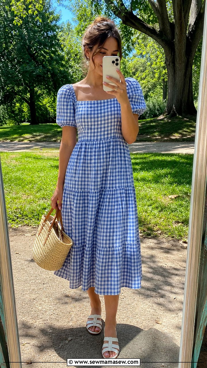 Blue and White Gingham Dress and Basket Bag Outfit - 40 Summer outfit ideas for women over 40 2026