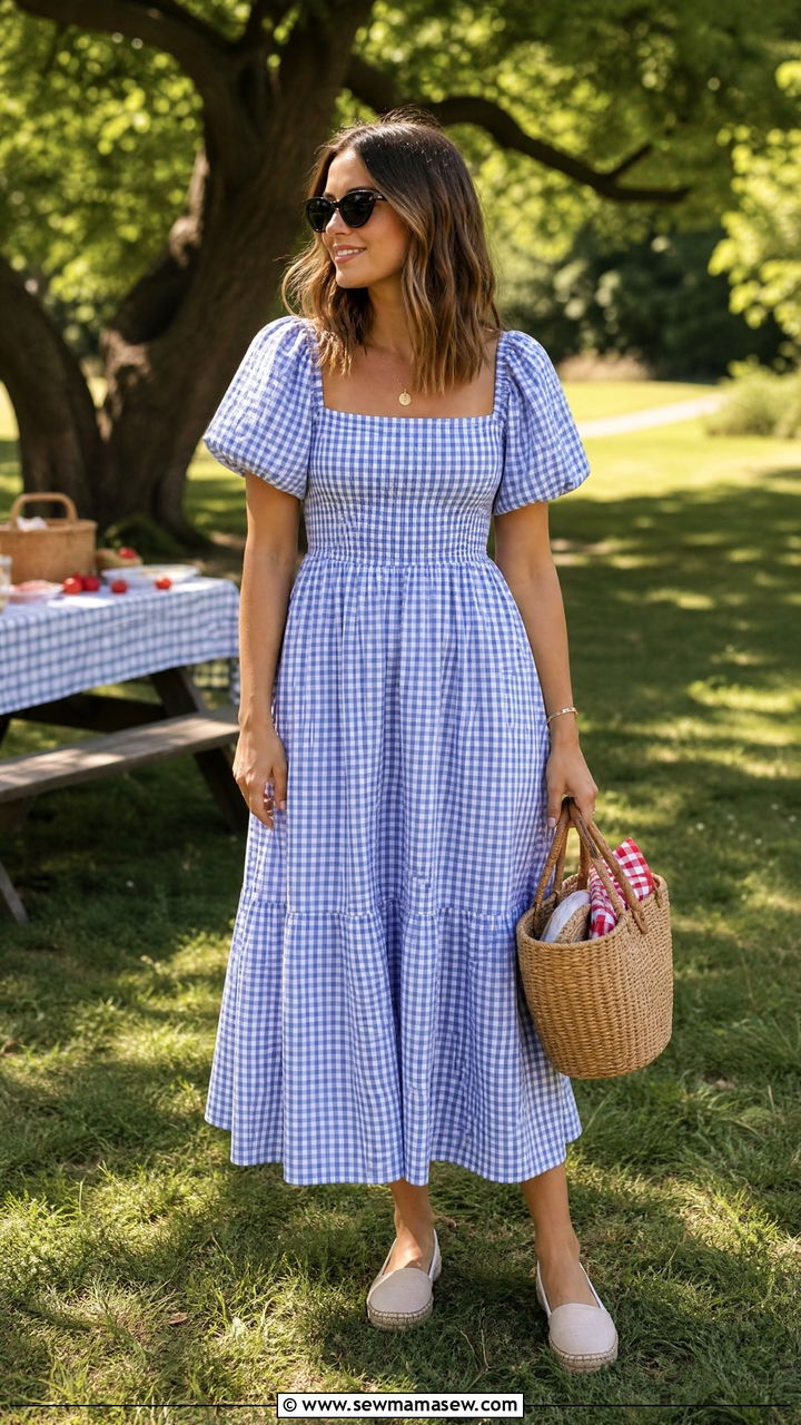 Blue and White Gingham Midi Dress with Basket Bag and Espadrilles - 35 Memorial Day weekend outfit ideas