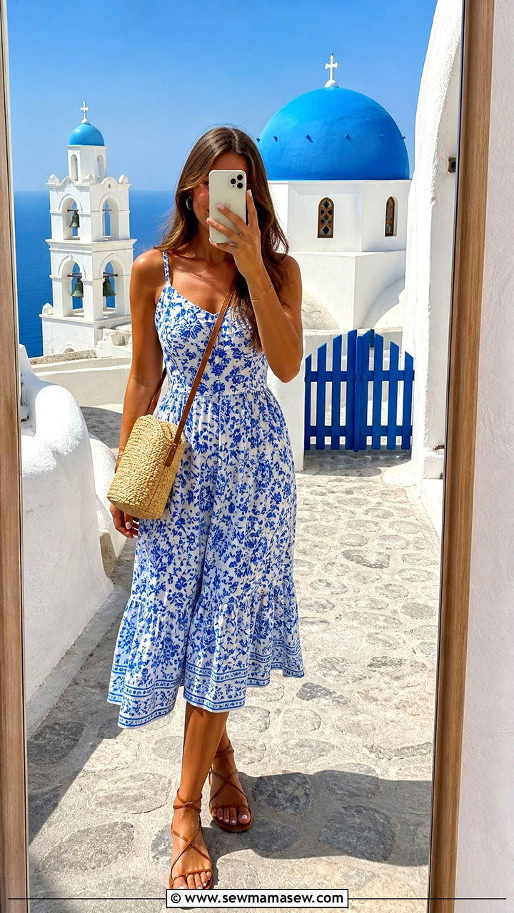 Blue and White Midi Dress with Strappy Sandals - 40 What to wear in Santorini