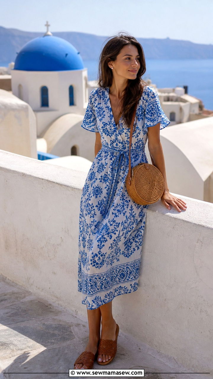 Blue and White Printed Midi Dress with Woven Sandals - 40 Santorini outfit ideas