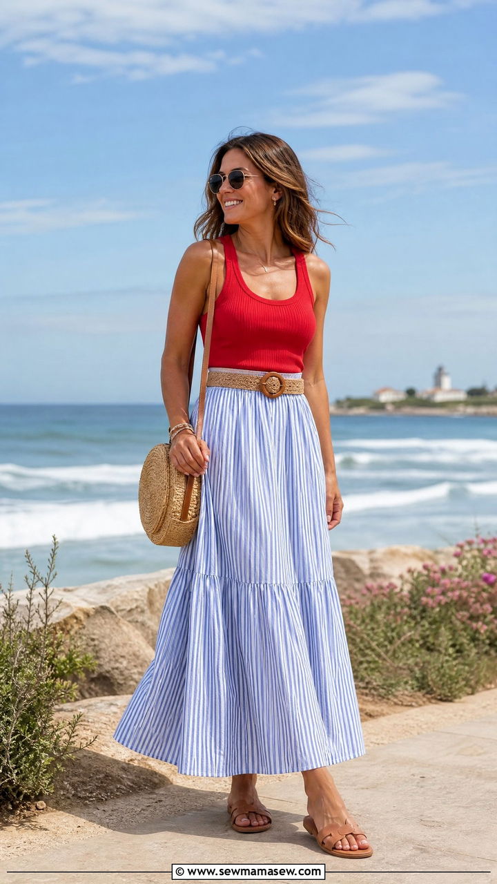 Blue and White Stripe Maxi Skirt with a Red Tank and Sandals - 35 Memorial Day weekend outfit ideas